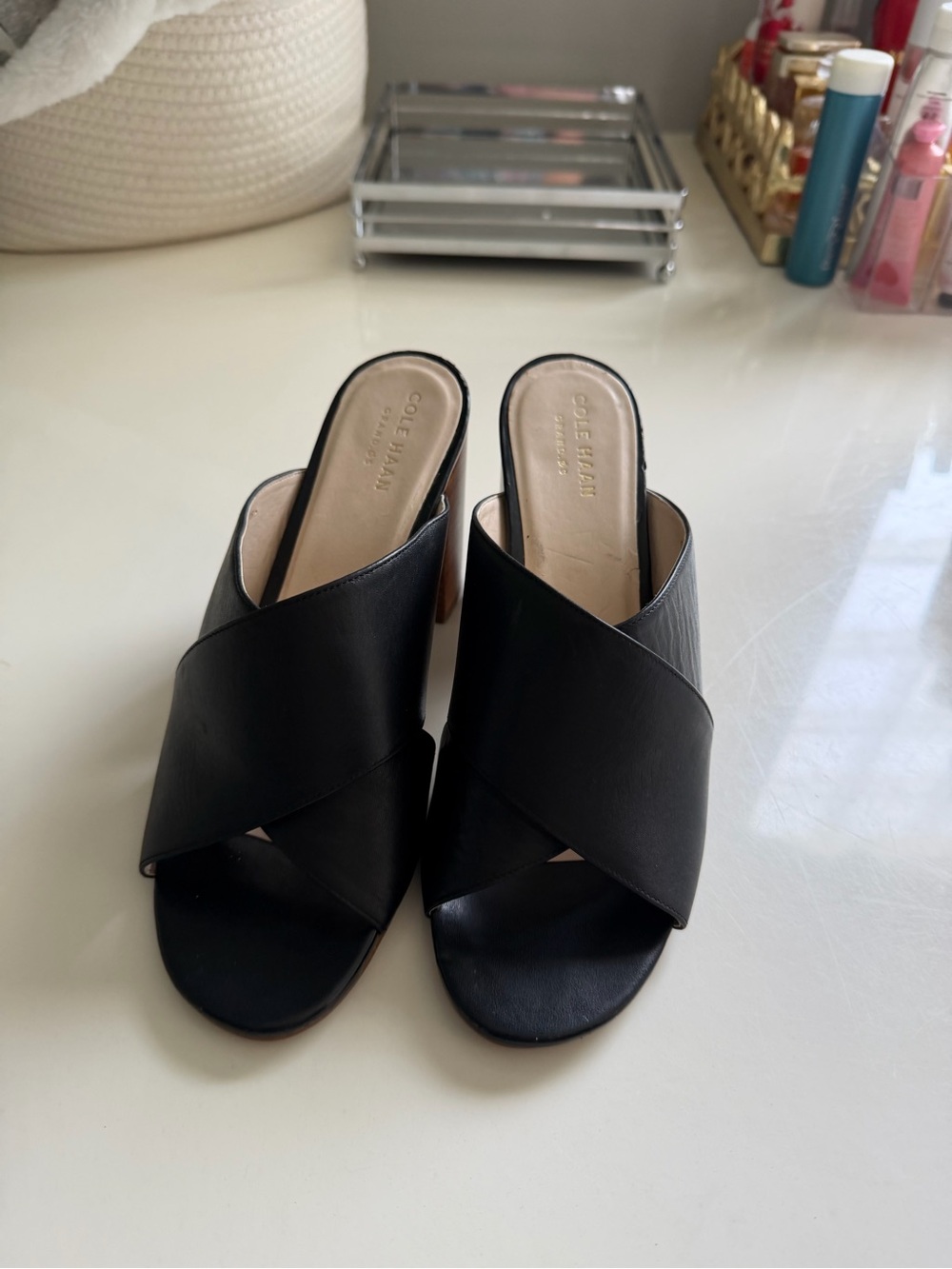 Cole Haan Black Leather Crisscross Mules
